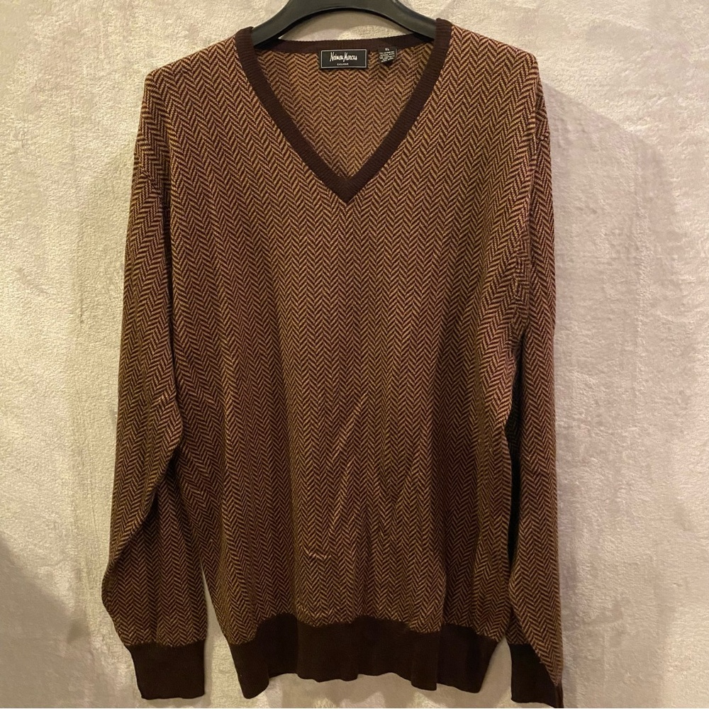 Neiman Marcus Sweater Men’s XL Brown VNeck Herringbone Merino Wool Blend VTG
